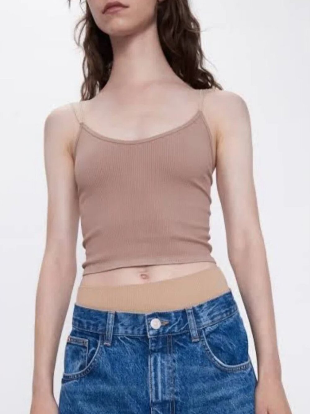 Zara-Limitless Contour Collection Spaghetti Strap Tank Top in Nude/Tan-Size M/L